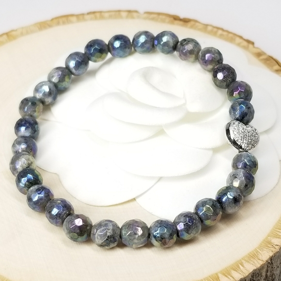 Labradorite Gemstone Pave CZ Heart Bracelet NEW - Picture 3 of 8